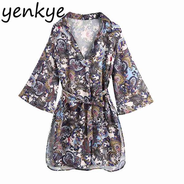 

fall women vintage print dress hem side slits mini female lapel collar flare sleeve sashes casual plus size 210514, Black;gray