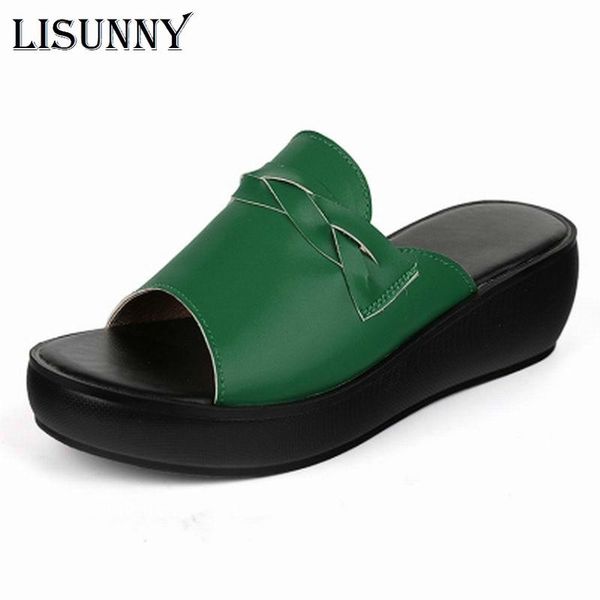 

slippers lisunny women slipper 2021 summer sandals shoes non-slip wedges heels fashion genuine leather platform, Black