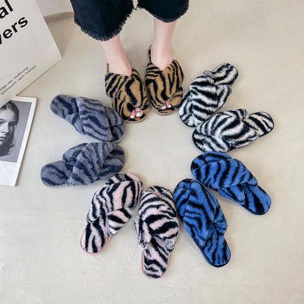 

slippers spring autumn warm women cozy faux fur cross indoor flip flops floor slides flat soft furry cotton slipper, Black
