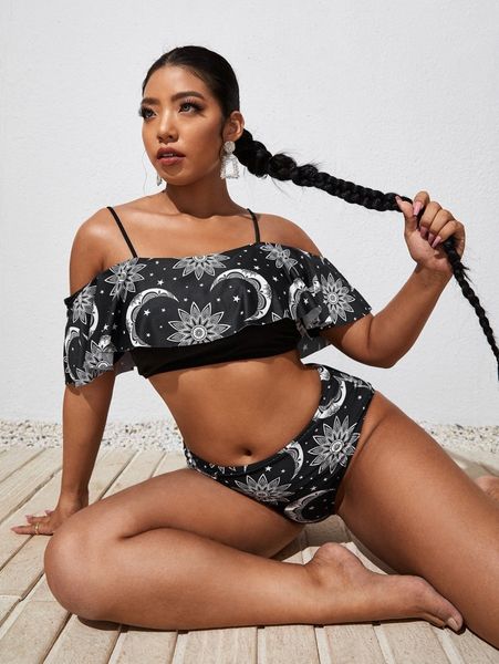 

plus floral & moon print flounce bikini swimsuit x3m4#, Black