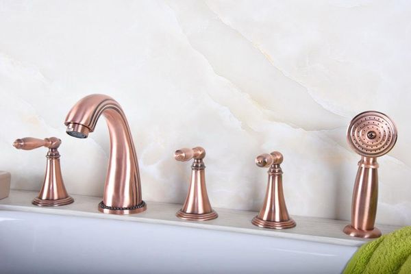 

bathroom sink faucets antique red copper brass widespread deck-mounted tub 5 holes three handles basin faucet tap hand spray mtf195