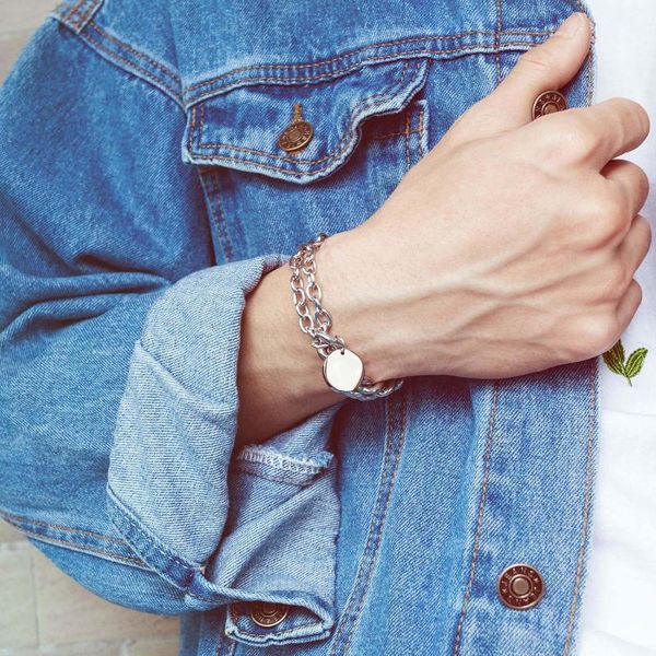 

link, chain rock hip hop brand stainless steel round player titanium men's bracelet, Black