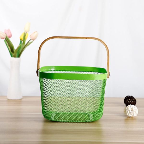 

storage baskets home basket fruit frame white green bamboo handle metal small with hollow drain