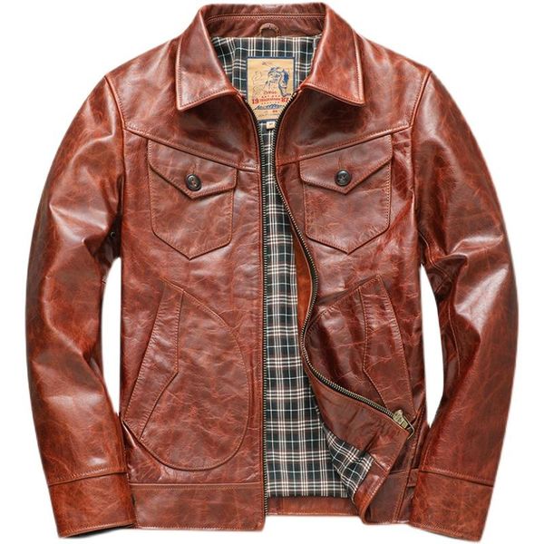 

men's leather & faux retro cowhide oil wax jackets western farmer genuine multi pockets slim fit coat for male, Black
