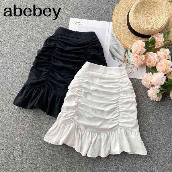 

women fashion ruffles skirt design elegant solid ruched a-line s summer korean streetwear mini 210512, Black