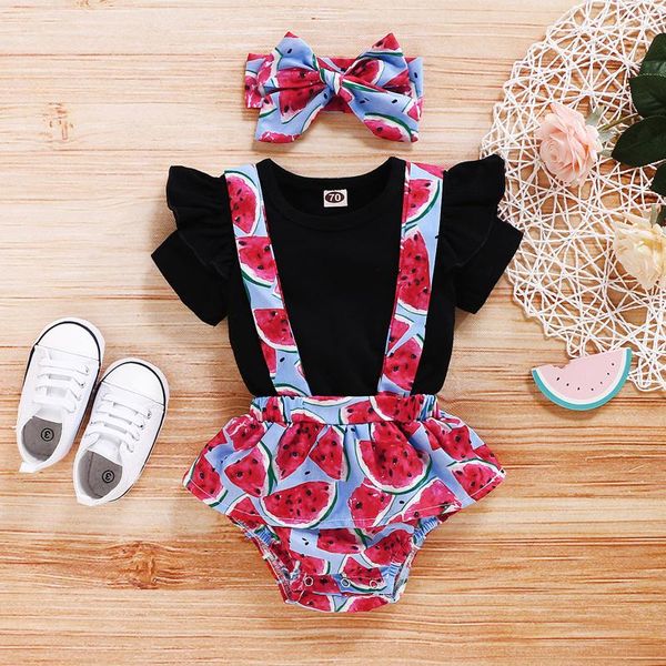 

kids summer set born infant baby girls soild +watermelon suspender romper+ headbands sets vestidos de verano#35 clothing, White