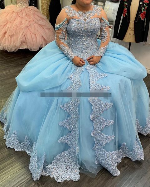 

applique long sleeves quinceanera dresses plus size lace beaded crystal jewel organza ruffle ball gown prom sweet 16 dress formal womens pag, Blue;red