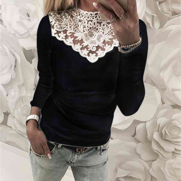 

womens warm long sleeve knitted lace blouse ladies pullover jumper lace shirt 210426, White