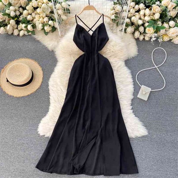 Frauen Sommer Schwarz Langes Kleid Sexy Spaghetti Strap Ärmellose Criss-cross Backless Schlanke Taille A-linie Abend Party Maxi 210603