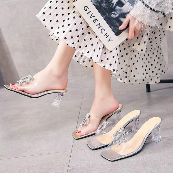 

slippers women's 2021 spring fashion transparent open toe cool crystal heel fish mouth shoes, Black