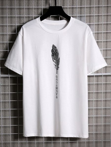 

men letter & feather print tee y5g3#, White;black