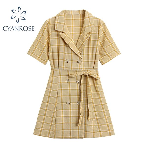 

short sleeve summer crop dress women plaid print vintage korean double breasted mini frcoks or vestidos bandage slim female 210430, Black;gray
