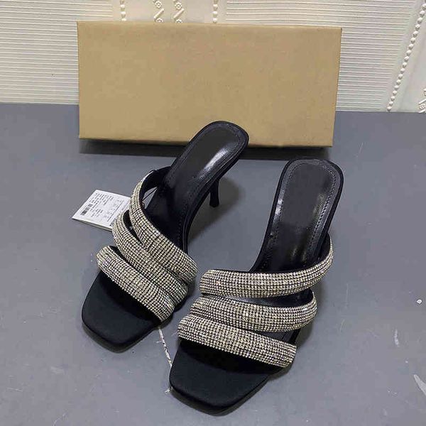 

slippers new summer women high heel slid sandals open toe stiletto string bead slipper 42 size iwye, Black
