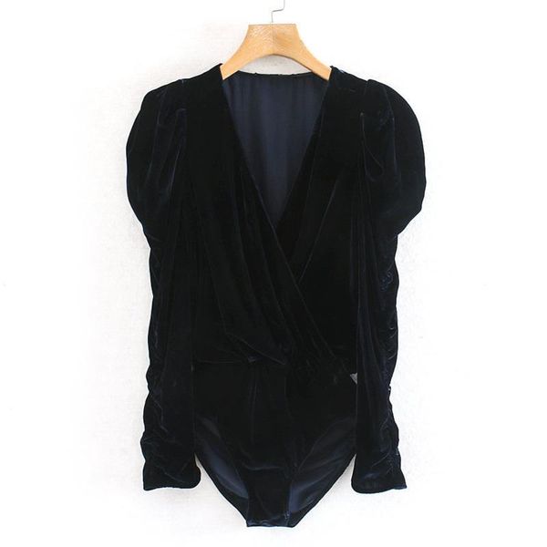 

women's jumpsuits & rompers lanmrem 2021 winter velvet solid color jumpsuit puff sleeve v-neck elegant temperament wild shirt clothing, Black;white