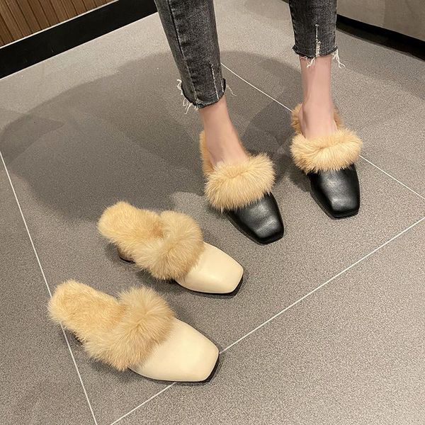 

sandals all-match med comfort shoes for women high heel medium high-heeled girls block outside closed 2021 fur rome slides slipp, Black