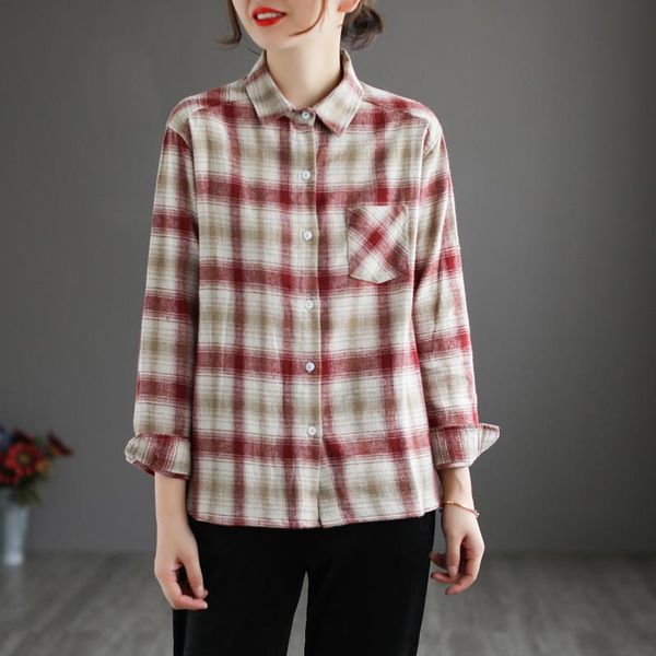 

fairynatural ladies plaid retro casual loose cotton blouses 2021 spring women soft shirts and clothes korean style women's &, White