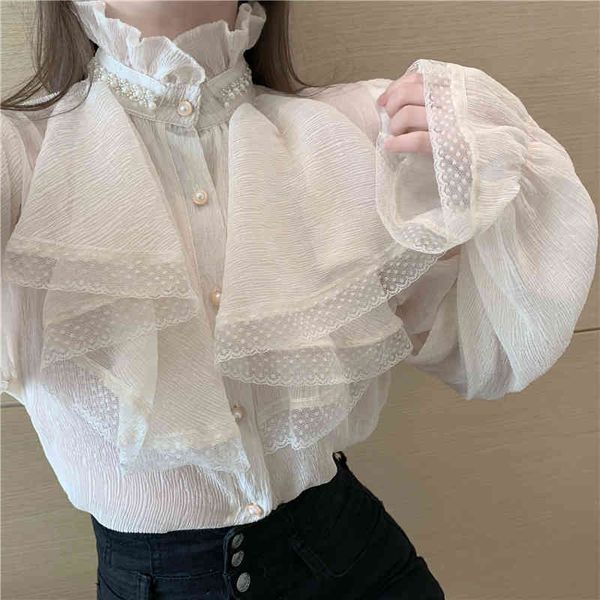 

button vintage blouse women female loose shirts spring fashion chiffon shirt women's ruffle long sleeve blusa 53653f 210420, White