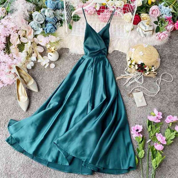 

casual dresses women evening elegant solid color lace-up strap backless low cut v-neck fairy slip es satin slim swing long t44u, Black;gray