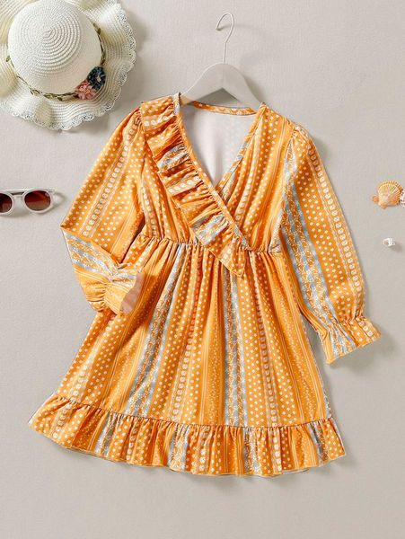 

girls ditsy floral print ruffle trim dress she, Red;yellow