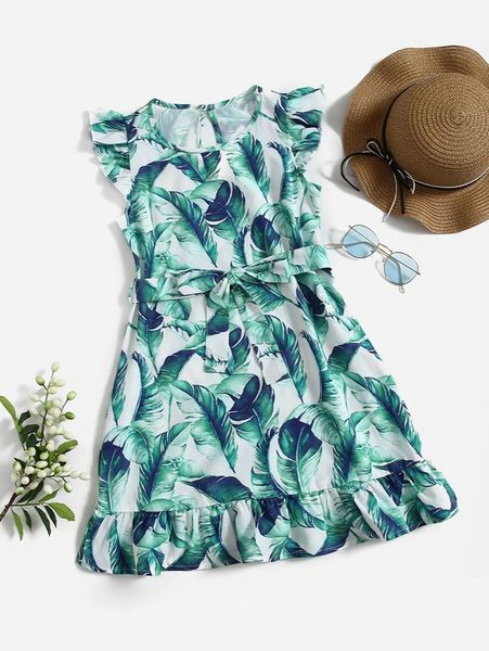 

girls tropical print ruffle trim belted dress she, Red;yellow