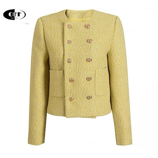 

women's jackets women's women yellow tweed jacket coat o-neck double breasted ladies long sleeve elegant short coats outwear veste, Black;brown