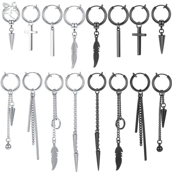 

hoop & huggie zs 1 pair stainless steel ear clip punk cross dangle earrings for men women dna boy kpop cuff cartilage earring, Golden;silver