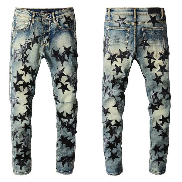 Pantalon Homme Trendy Jeans Schwarz Stern Muster Patch Straße Motorrad Hosen Punk Denim Lange Hip Hop Männer