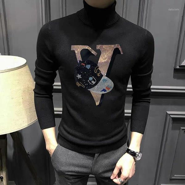 

men's sweaters letter diamond personality design winter turtleneck sweater cashmere clothing slim oversized pullover knit, White;black