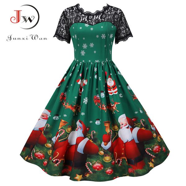 

lace christmas dress women short sleeve print high waist elegant vintage winter xmas party sundress plus size 3xl robe 210510, Black;gray