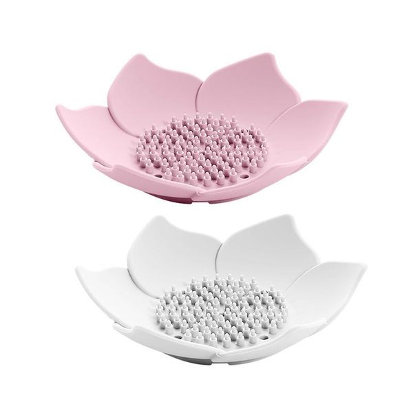 

soap dishes 2pcs draining dish box plate lotus shape silicone holder portable - pink & white