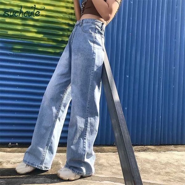 

suchcute high waist jean wide leg pants plus size punk korean style trouser casual harajuku female joggers 211118, Blue