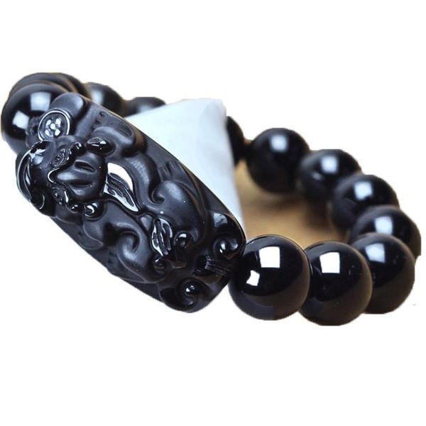 

beaded, strands 100% natural black obsidian stone bracelets pixiu round beads bangles men's jewelry