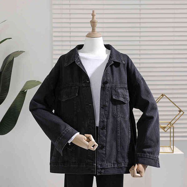 

women's fur & faux harajuku loose denim coat women spring autumn plus size vintage black jeans jacket single-breasted student out