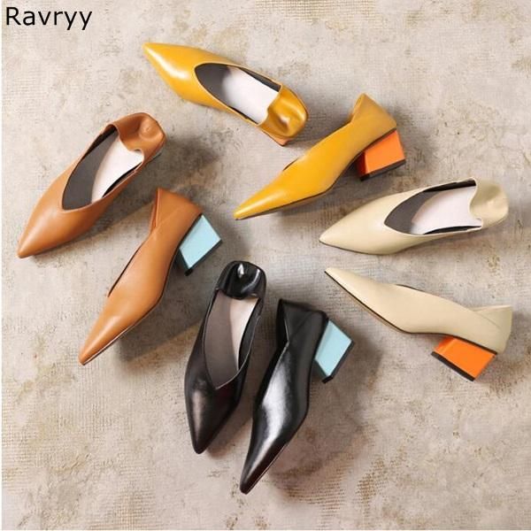 

dress shoes candy color thick heel woman high pointed toe pumps concise slip-on female ol out fits elegant party, Black