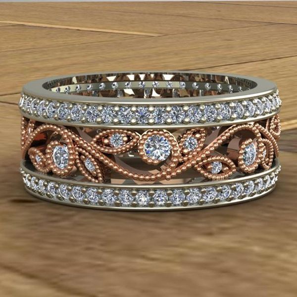 

wedding rings hollow two-tone color rose gold flower ring for female fashion rhinestone women jewelry gift, Slivery;golden