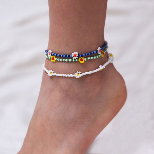 

new hip hop flower daidy bead anklet bracelet for women bohemian colorful handmade elastic strech ankle jewelry gift, Red;blue