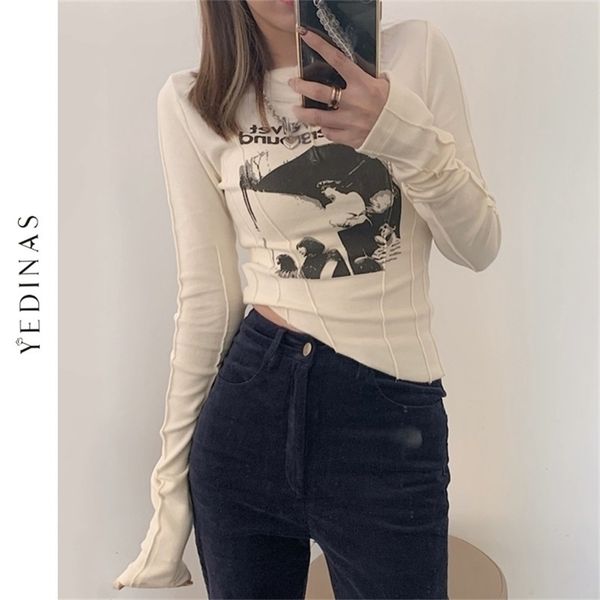 

yedinas casual slim t-shirt for women o neck long sleeve crop grunge letters print female korean fashion clothing 210406, White