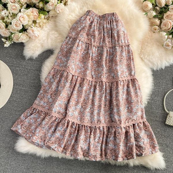 

elastic waist chiffon floral large skirt 2021 summer lace 0425 skirts, Black