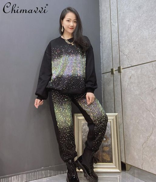 

women's two piece pants tracksuit crewneck black casual sweatshirt autumn high waist wide leg loose set woman 2 pieces, White