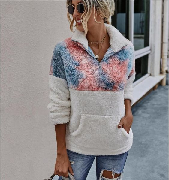 

women's hoodies & sweatshirts tie dye print spliced pocket casual plush warm women winter autumn outwear zipper sweatshirt long sleeve, Black