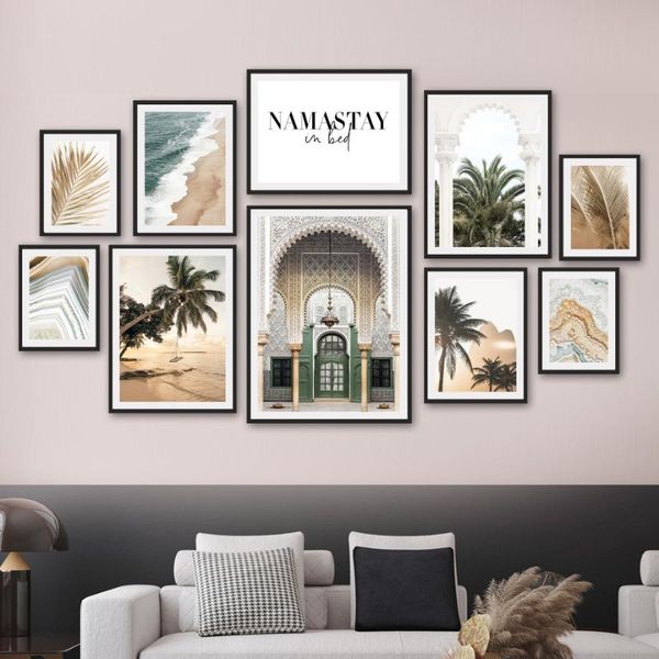 

sea beach agate palm leaf temple in gold wall art canvas painting nordic posters and prints pictures for living room decor paintings