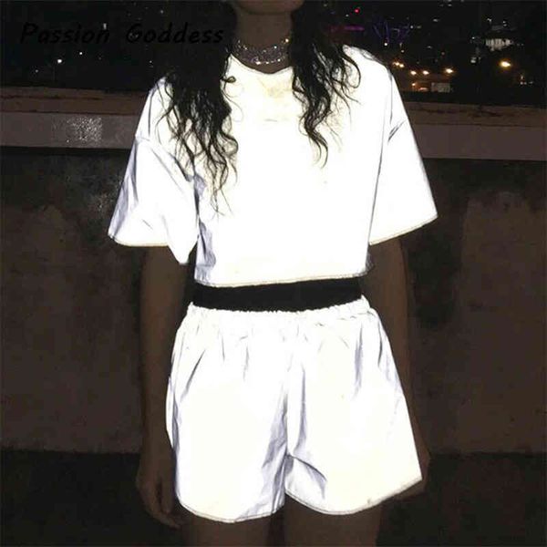 

2 piece reflective set plus size women luminous t shirt high waist loose shorts suit dance two concert party bling outfits, Gray