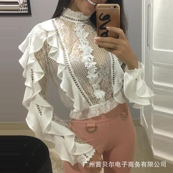 

women's blouses & shirts 2021 white ruffled lace turtleneck top