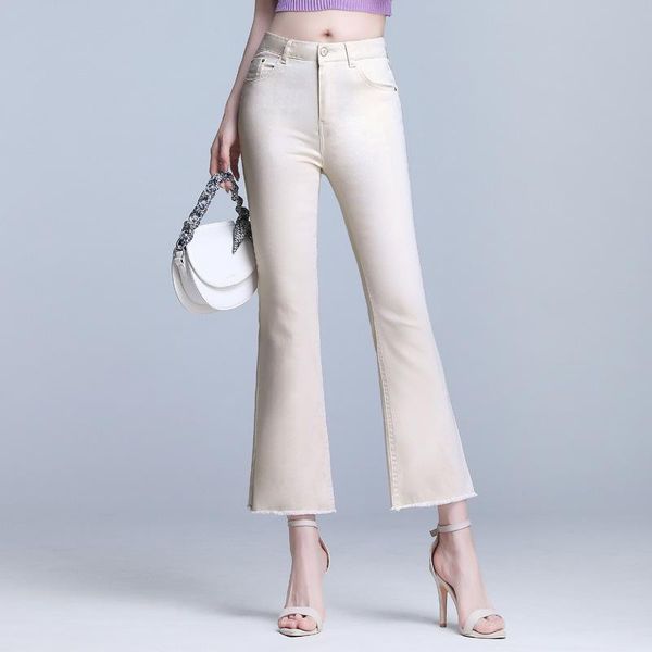 

women's pants & capris high waist jeans trousers white denim flare casual wild slim tassel, Black;white