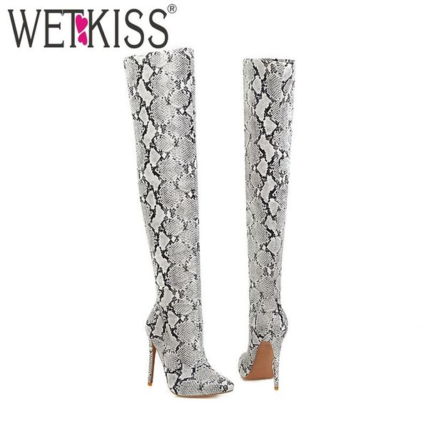 

boots wetkiss snake skin pu women over the knee boot female high heels shoes ladies pointed toe winter plus size 48, Black
