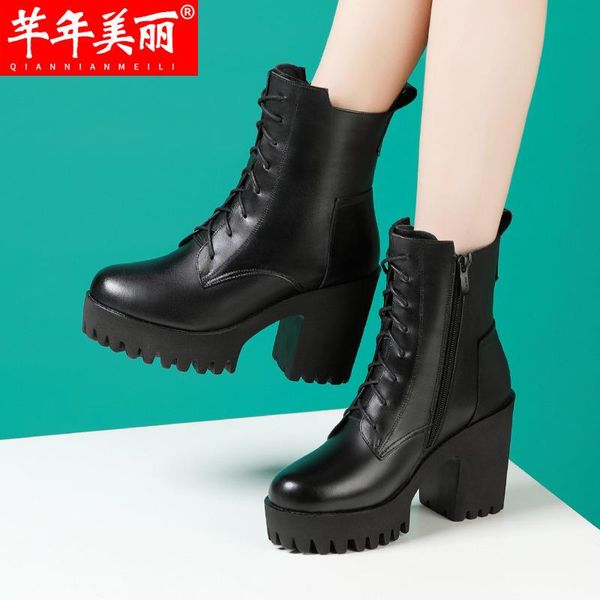 

boots british style ladies genuine leather thick high heels shoes for fashion platform women's autumn wedge winter, Black