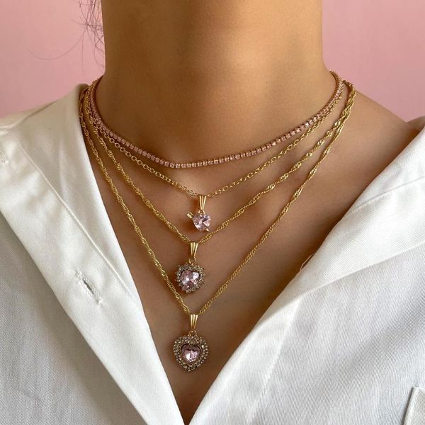 

chains shiny love heart rhinestone pendant necklaces for women multi-layer gold color metal twisted chain necklace fashion jewelry gift, Silver