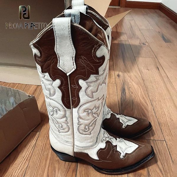 

boots pointed thick heel v-mouth color matching high-tube western sleeve embroidery high-heeled knight cowboy fashion, Black