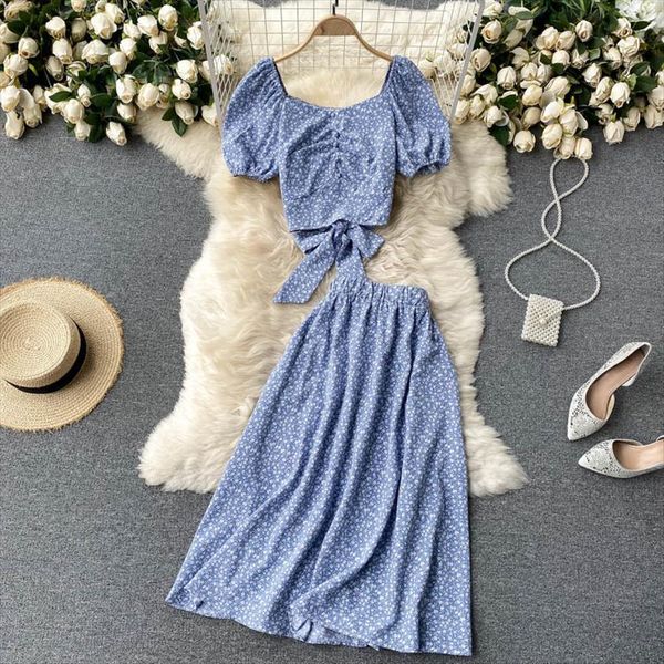 

singreiny summer bohemian floral vacation women tracksuits set elastic ruched puff sleeve short high waist long skirt two piece, Gray