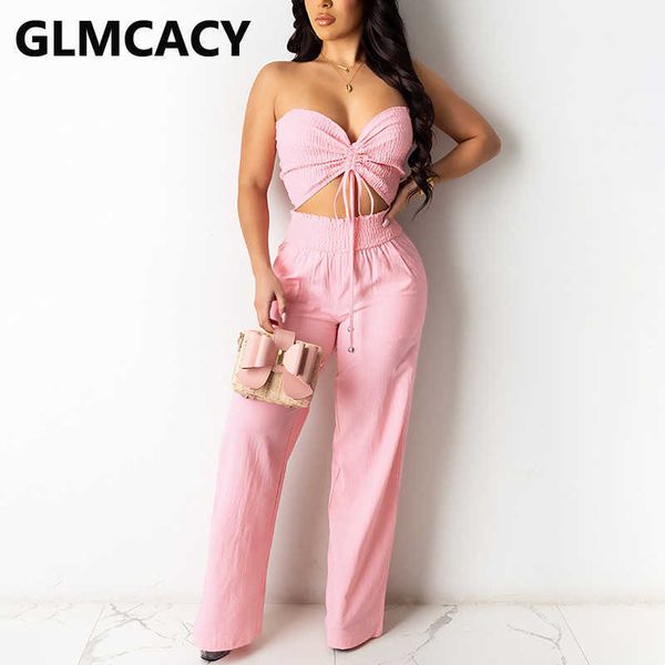 

two piece summer chic suits off shoulder crop & solid casual pants set 210702, White